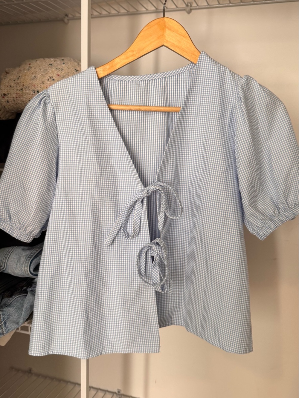 Women's Blue Gingham Tie-Front Top